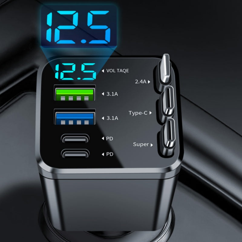 7-in-1 Retractable Car Charger with Voltage Display