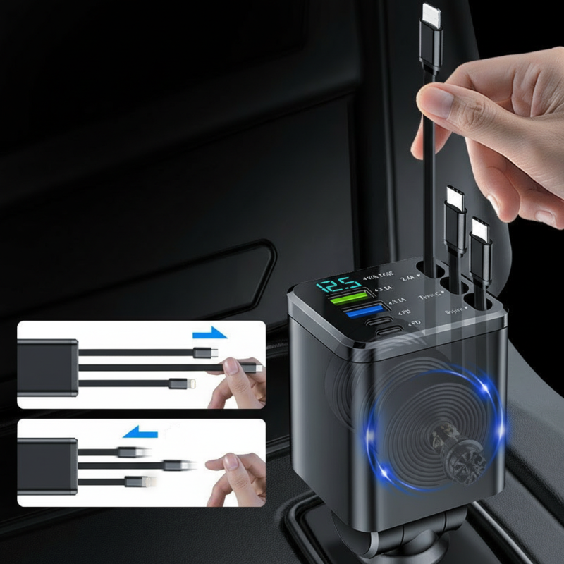 7-in-1 Retractable Car Charger with Voltage Display