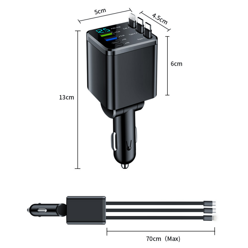 7-in-1 Retractable Car Charger with Voltage Display