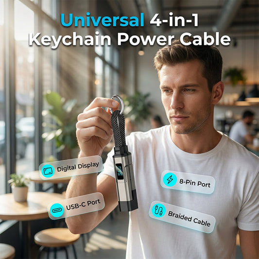 4-in-1 Charging Cable with Digital Display & Keychain – Fast-Charging, Kink-Resistant & Compact