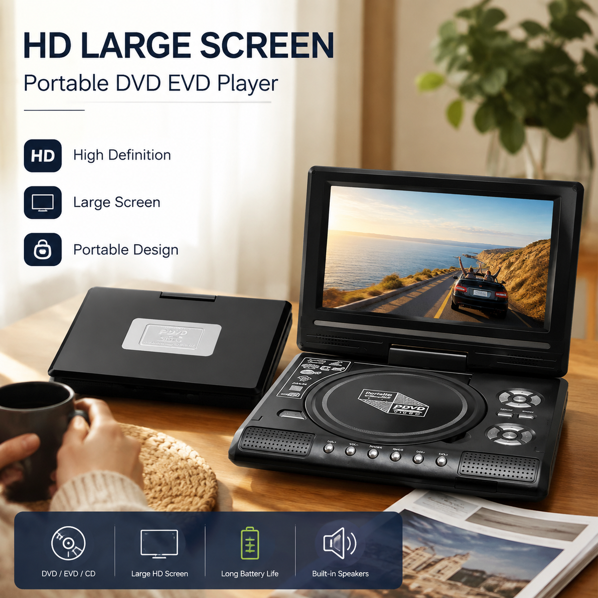7.8" HD Portable DVD/EVD Player – Large Screen, Rechargeable & Compatible with DVD/CD/USB/SD – for Home & Travel