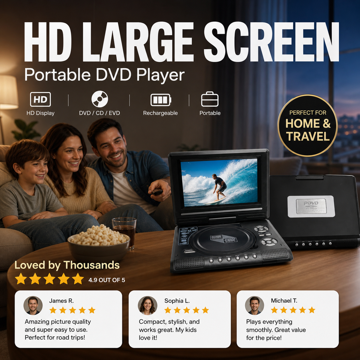 7.8" HD Portable DVD/EVD Player – Large Screen, Rechargeable & Compatible with DVD/CD/USB/SD – for Home & Travel