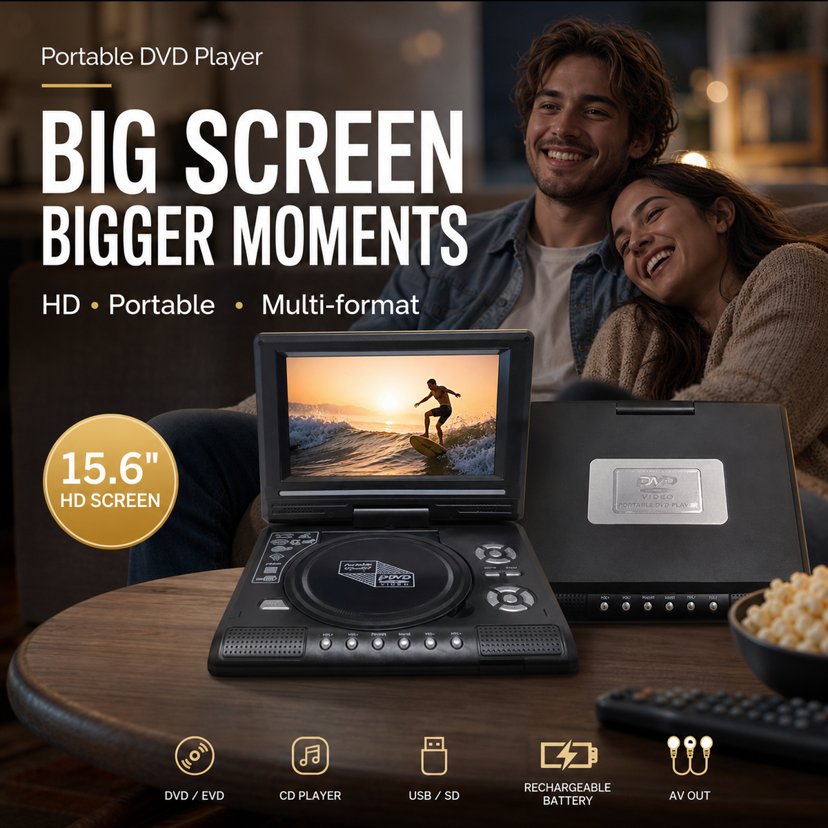 7.8" HD Portable DVD/EVD Player – Large Screen, Rechargeable & Compatible with DVD/CD/USB/SD – for Home & Travel